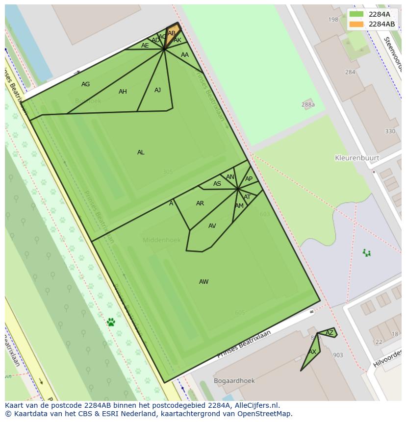 Afbeelding van het postcodegebied 2284 AB op de kaart.