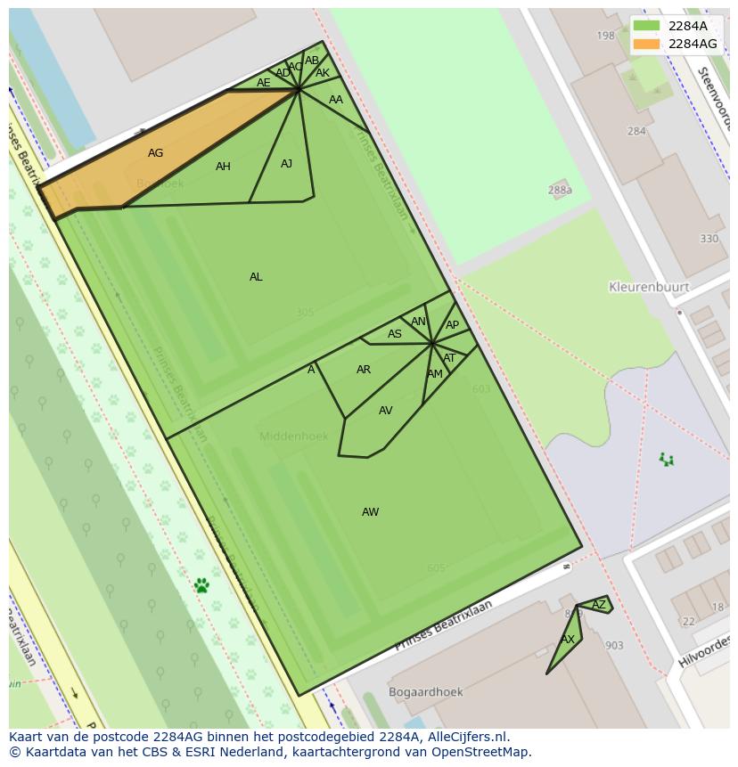 Afbeelding van het postcodegebied 2284 AG op de kaart.