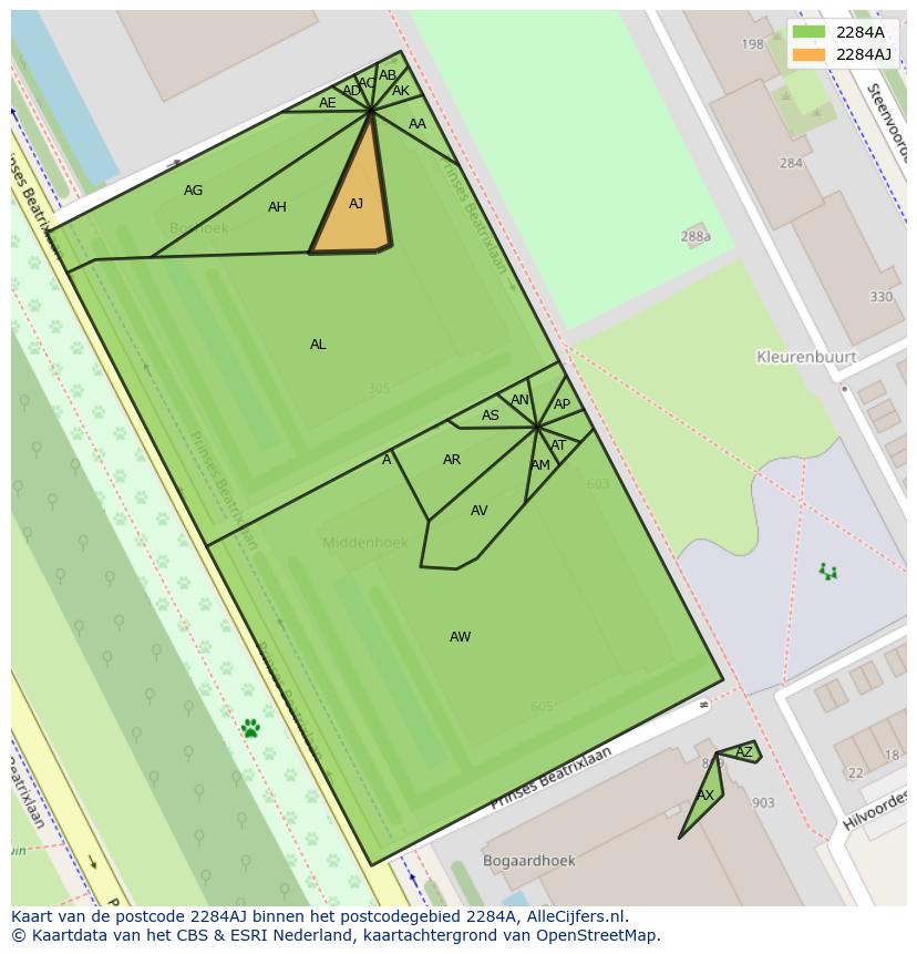 Afbeelding van het postcodegebied 2284 AJ op de kaart.