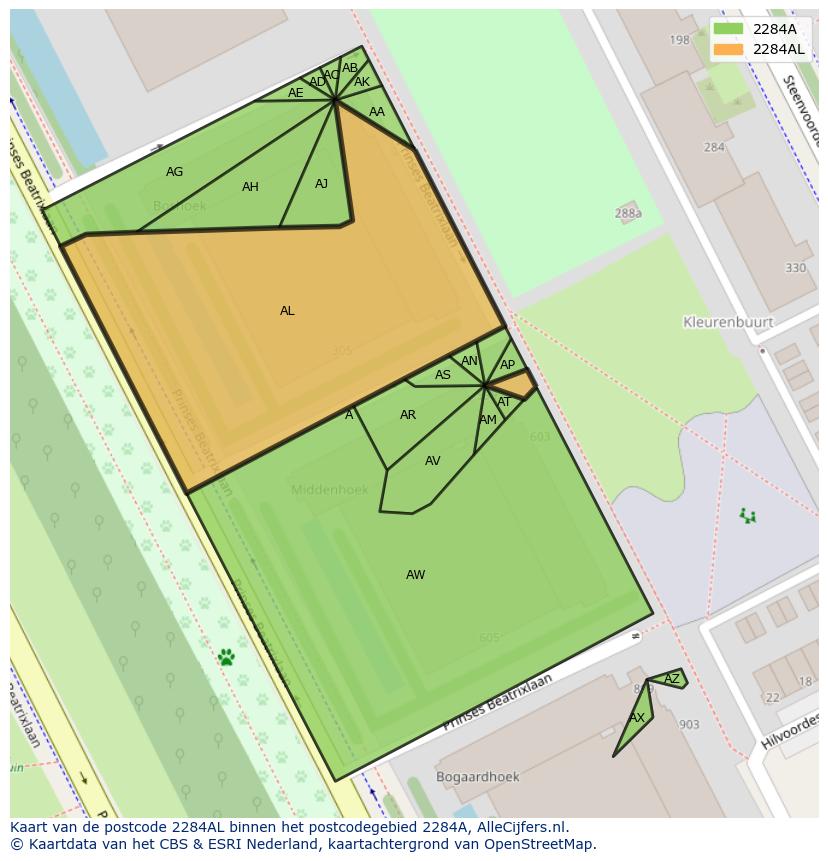 Afbeelding van het postcodegebied 2284 AL op de kaart.