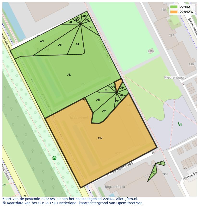 Afbeelding van het postcodegebied 2284 AW op de kaart.