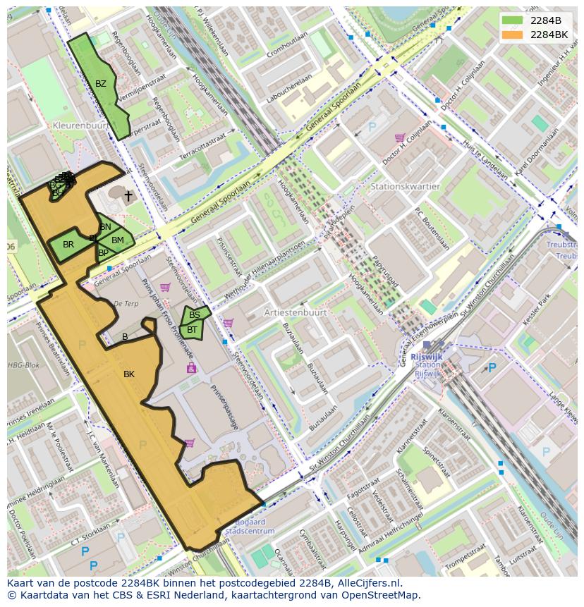 Afbeelding van het postcodegebied 2284 BK op de kaart.