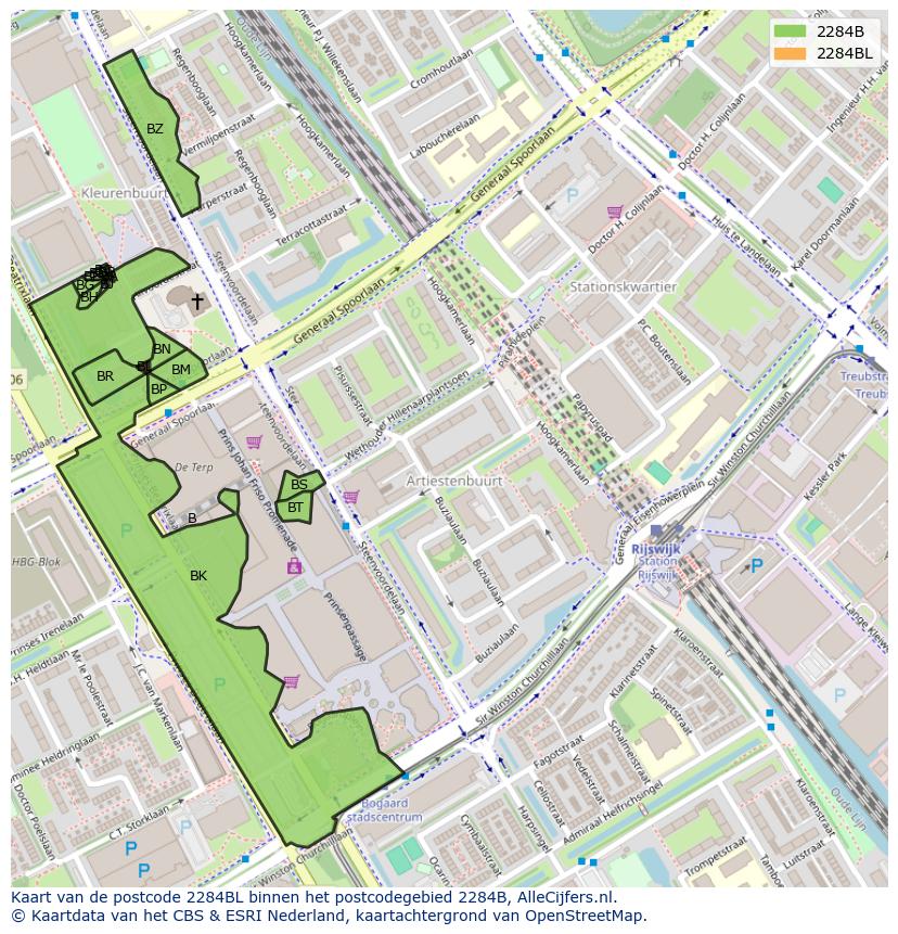Afbeelding van het postcodegebied 2284 BL op de kaart.