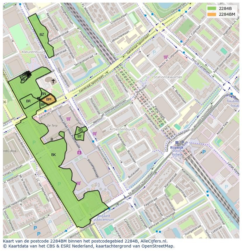Afbeelding van het postcodegebied 2284 BM op de kaart.