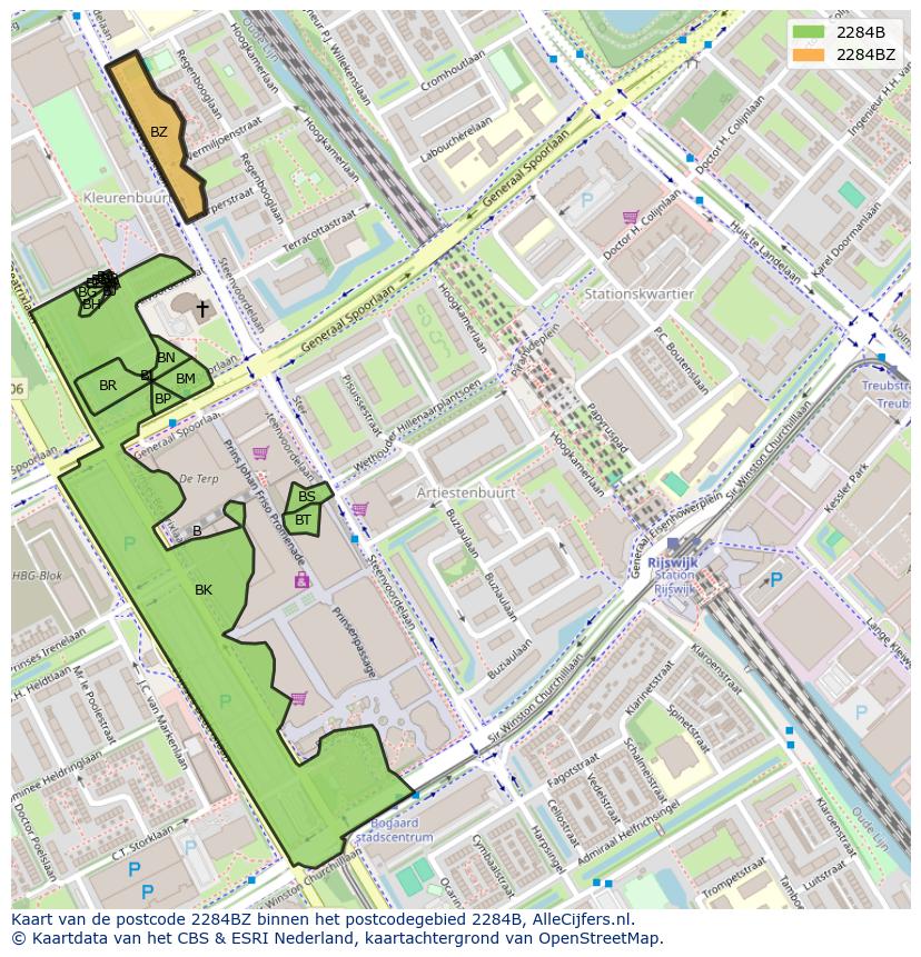 Afbeelding van het postcodegebied 2284 BZ op de kaart.