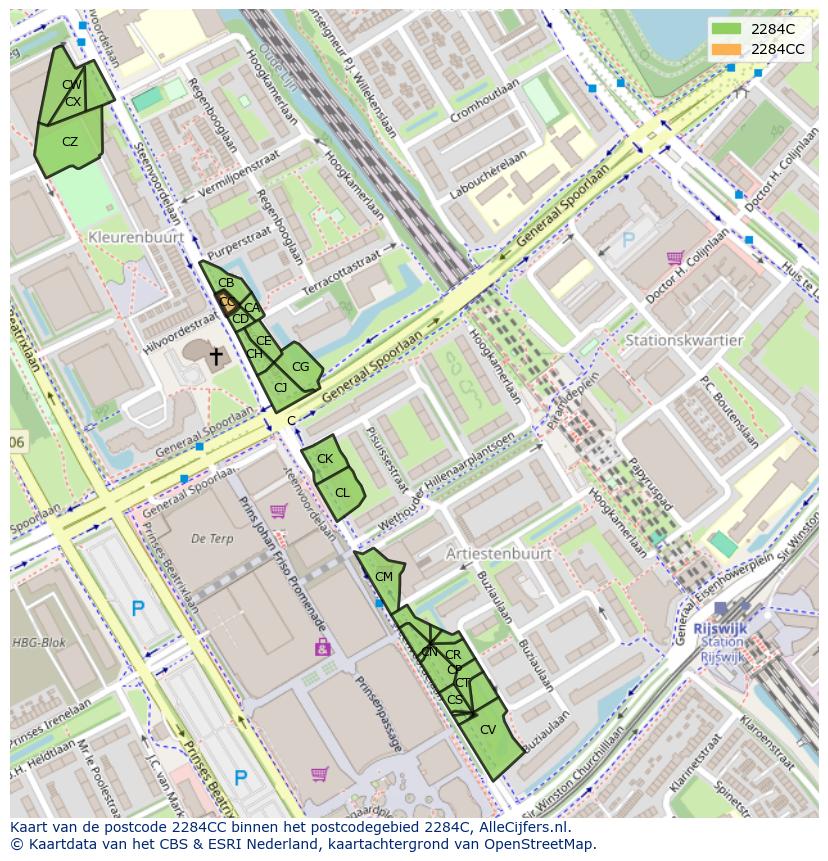 Afbeelding van het postcodegebied 2284 CC op de kaart.