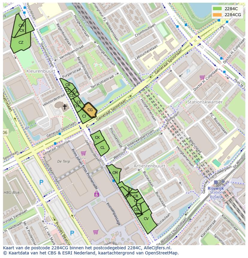 Afbeelding van het postcodegebied 2284 CG op de kaart.