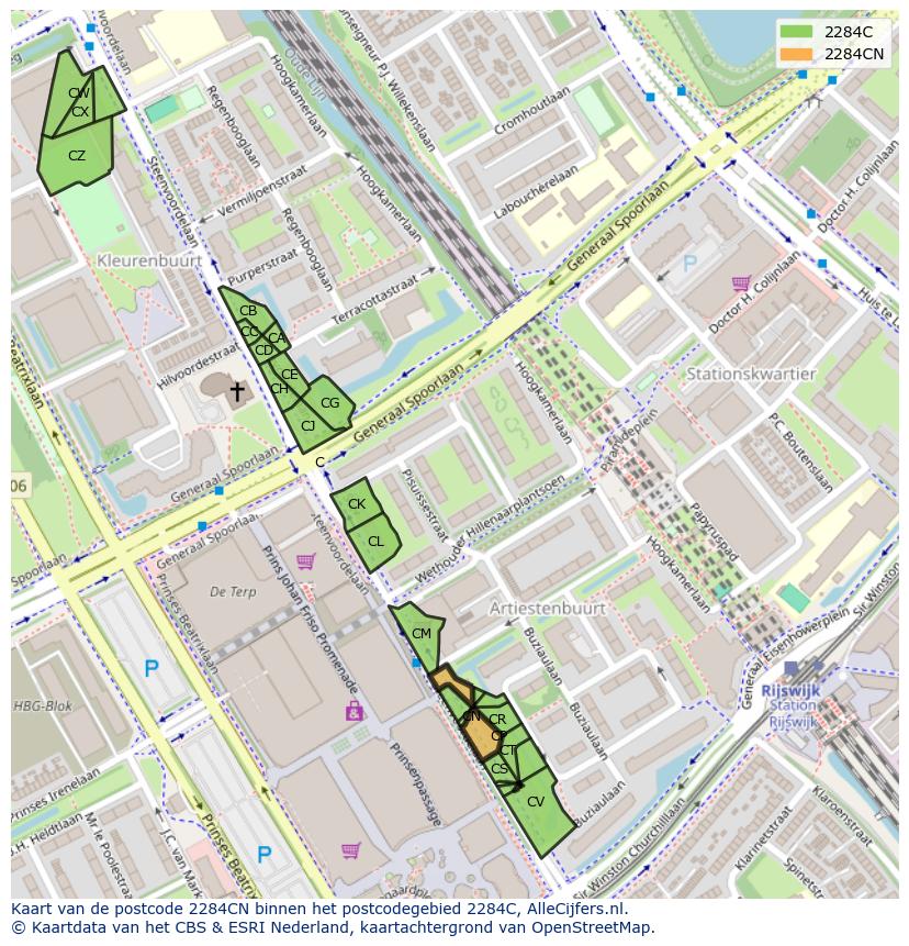 Afbeelding van het postcodegebied 2284 CN op de kaart.