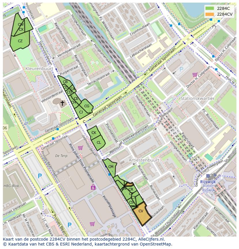 Afbeelding van het postcodegebied 2284 CV op de kaart.