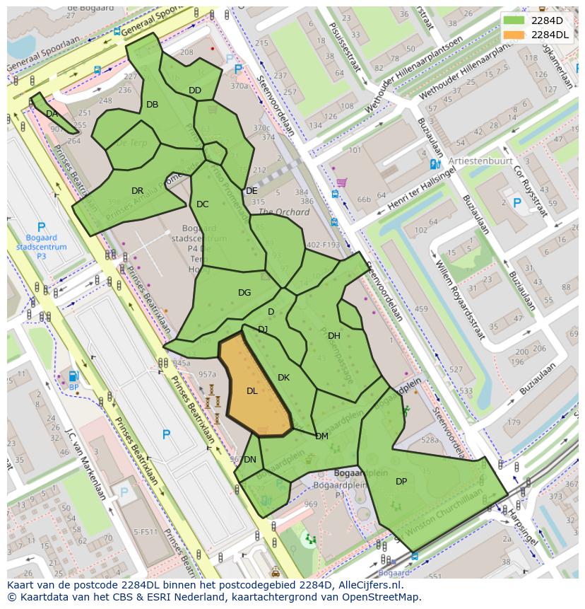 Afbeelding van het postcodegebied 2284 DL op de kaart.