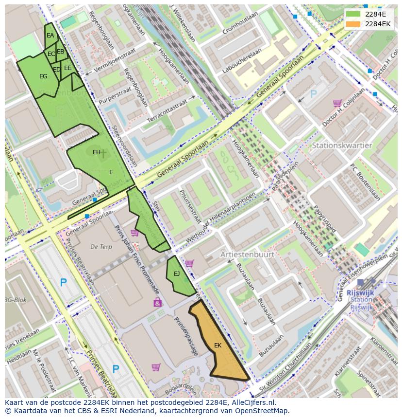 Afbeelding van het postcodegebied 2284 EK op de kaart.