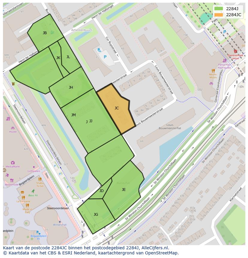 Afbeelding van het postcodegebied 2284 JC op de kaart.