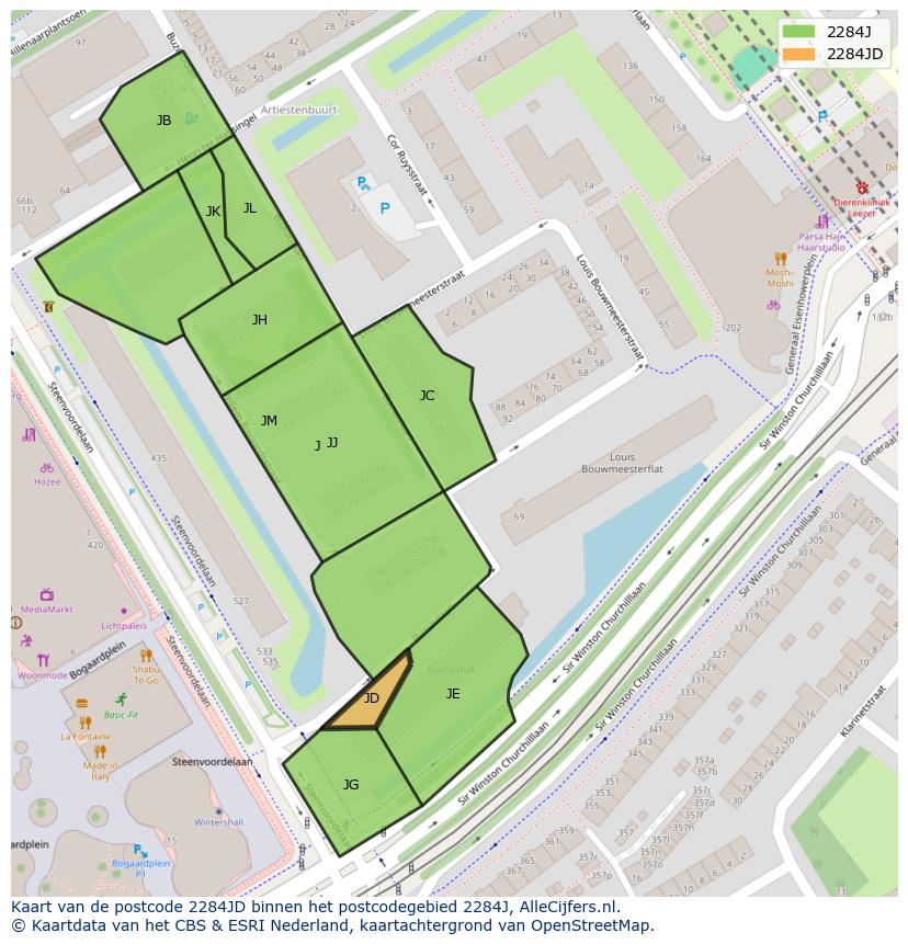 Afbeelding van het postcodegebied 2284 JD op de kaart.