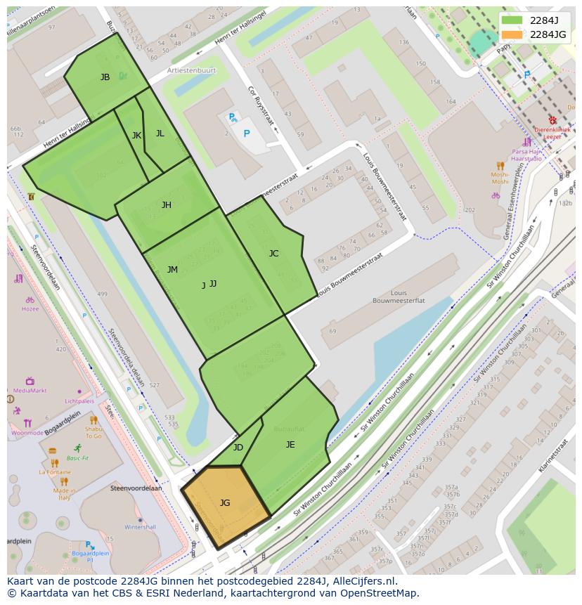 Afbeelding van het postcodegebied 2284 JG op de kaart.
