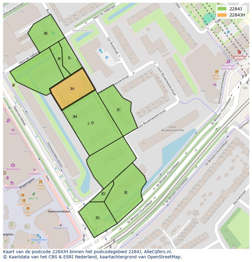 Afbeelding van het postcodegebied 2284 JH op de kaart.