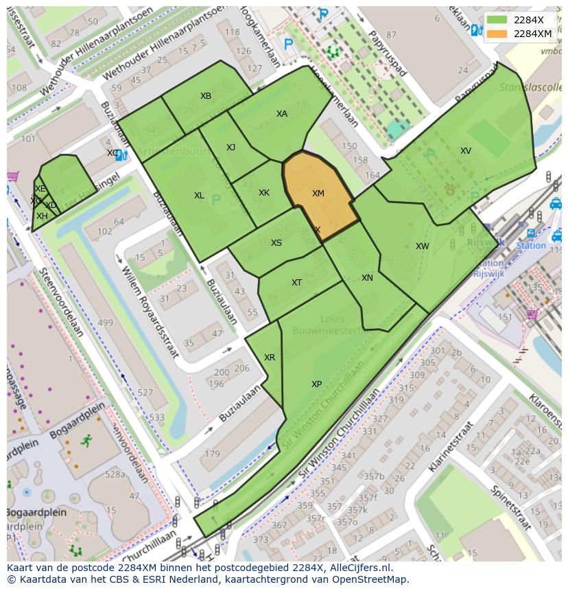 Afbeelding van het postcodegebied 2284 XM op de kaart.