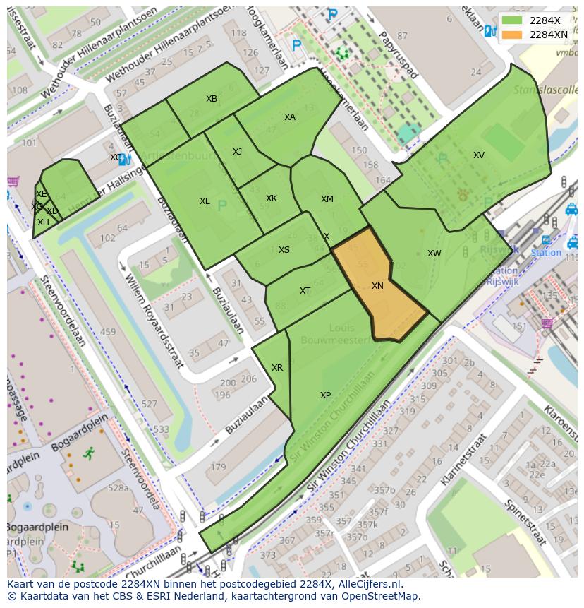 Afbeelding van het postcodegebied 2284 XN op de kaart.