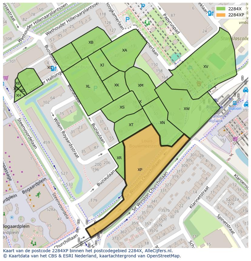 Afbeelding van het postcodegebied 2284 XP op de kaart.