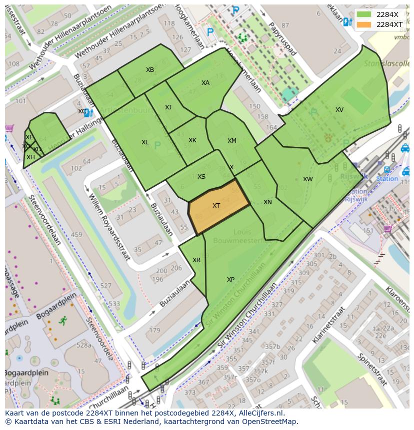 Afbeelding van het postcodegebied 2284 XT op de kaart.