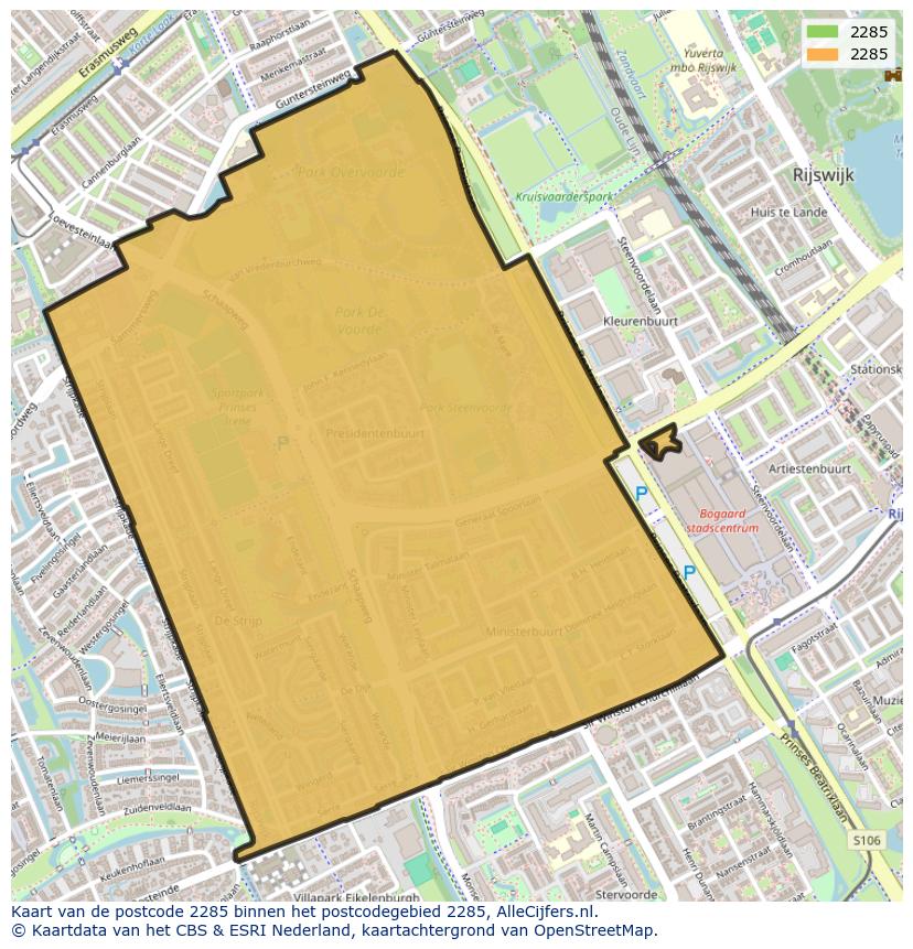 Afbeelding van het postcodegebied 2285 op de kaart.