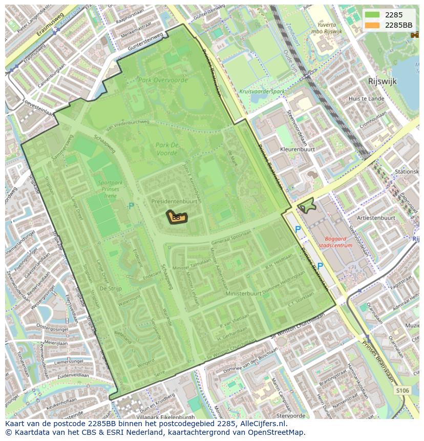 Afbeelding van het postcodegebied 2285 BB op de kaart.