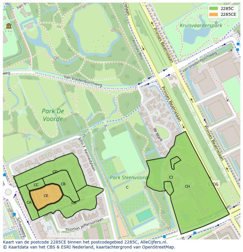 Afbeelding van het postcodegebied 2285 CE op de kaart.