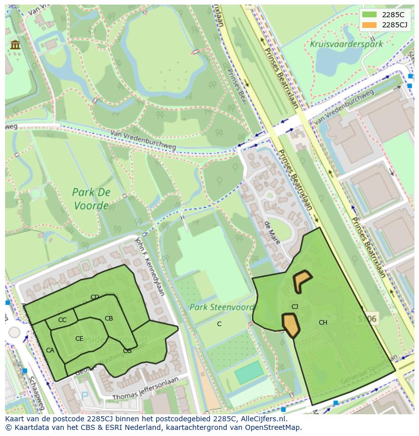 Afbeelding van het postcodegebied 2285 CJ op de kaart.