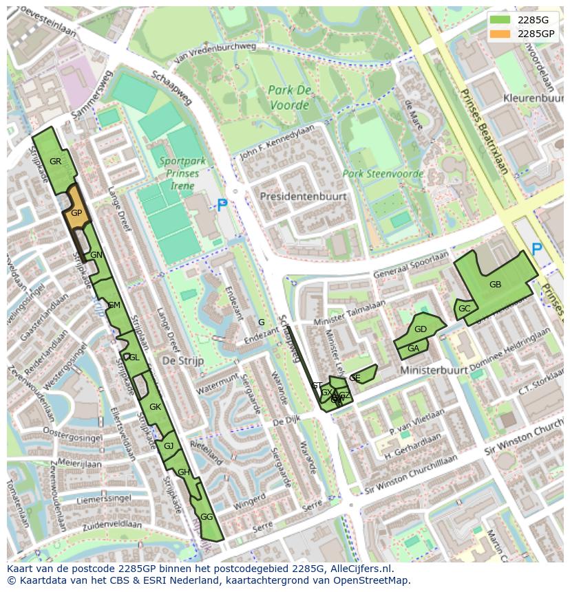 Afbeelding van het postcodegebied 2285 GP op de kaart.