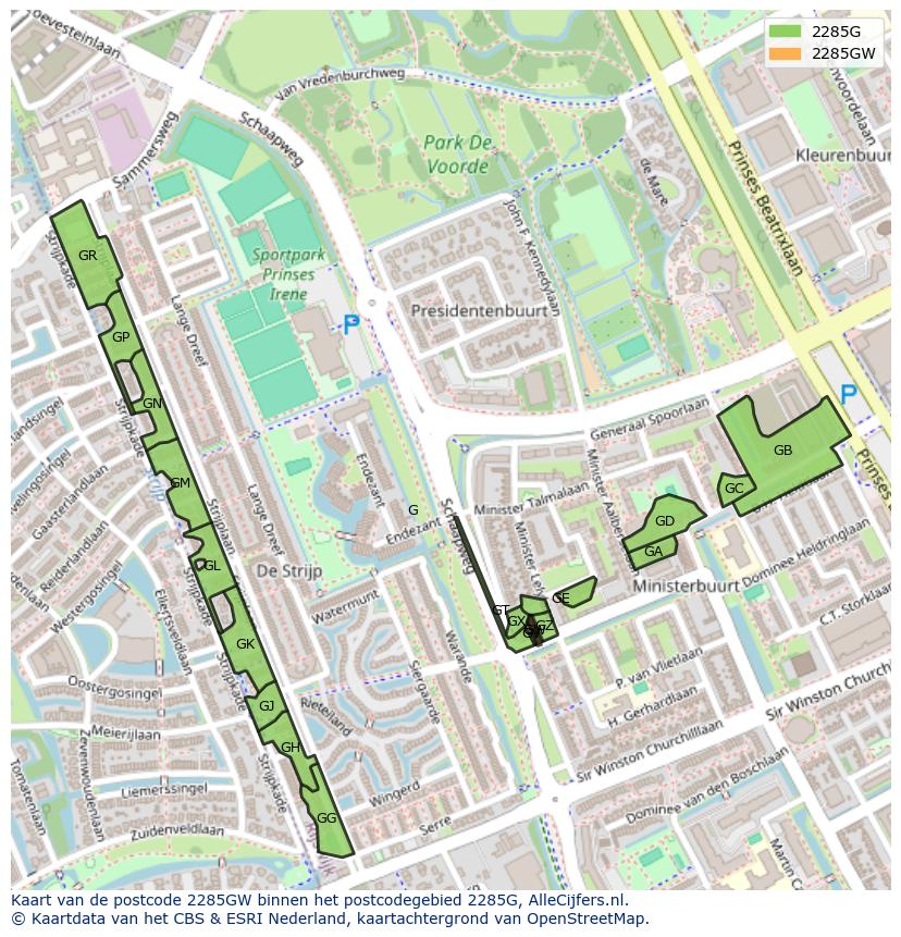 Afbeelding van het postcodegebied 2285 GW op de kaart.