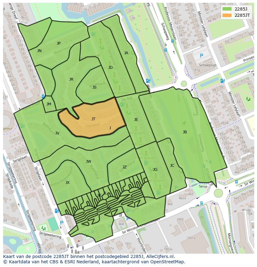 Afbeelding van het postcodegebied 2285 JT op de kaart.