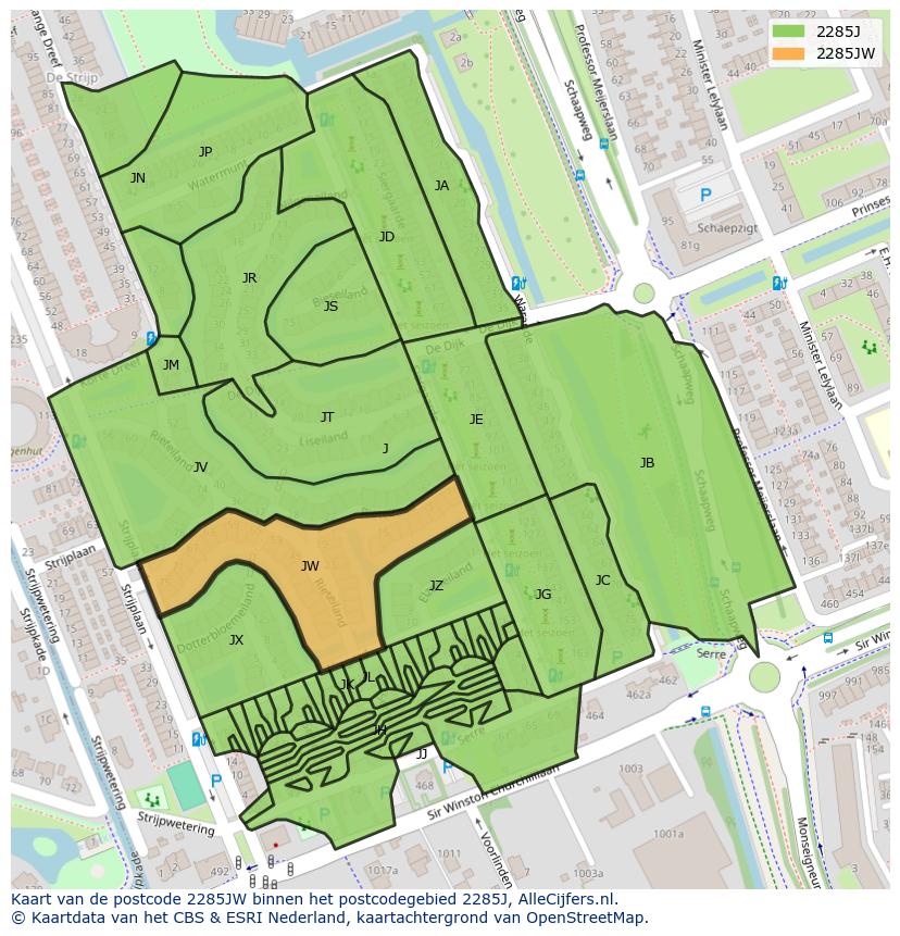 Afbeelding van het postcodegebied 2285 JW op de kaart.
