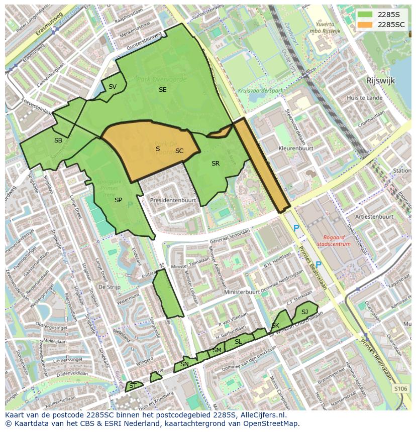 Afbeelding van het postcodegebied 2285 SC op de kaart.