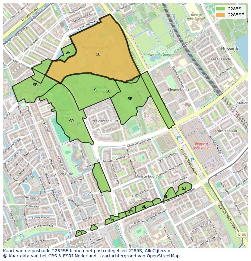 Afbeelding van het postcodegebied 2285 SE op de kaart.
