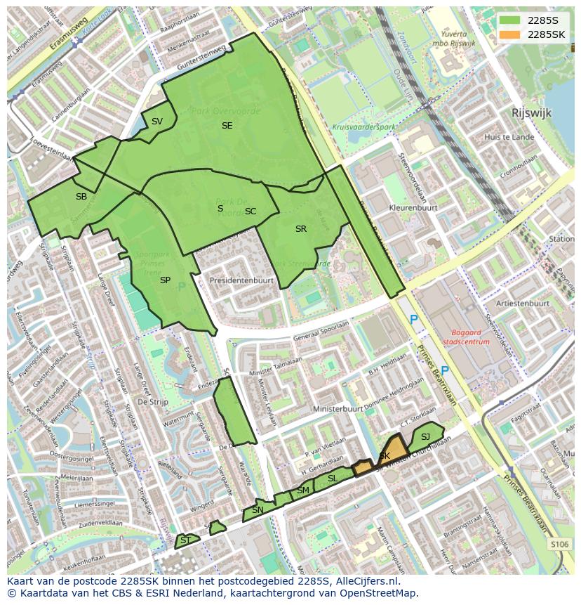 Afbeelding van het postcodegebied 2285 SK op de kaart.