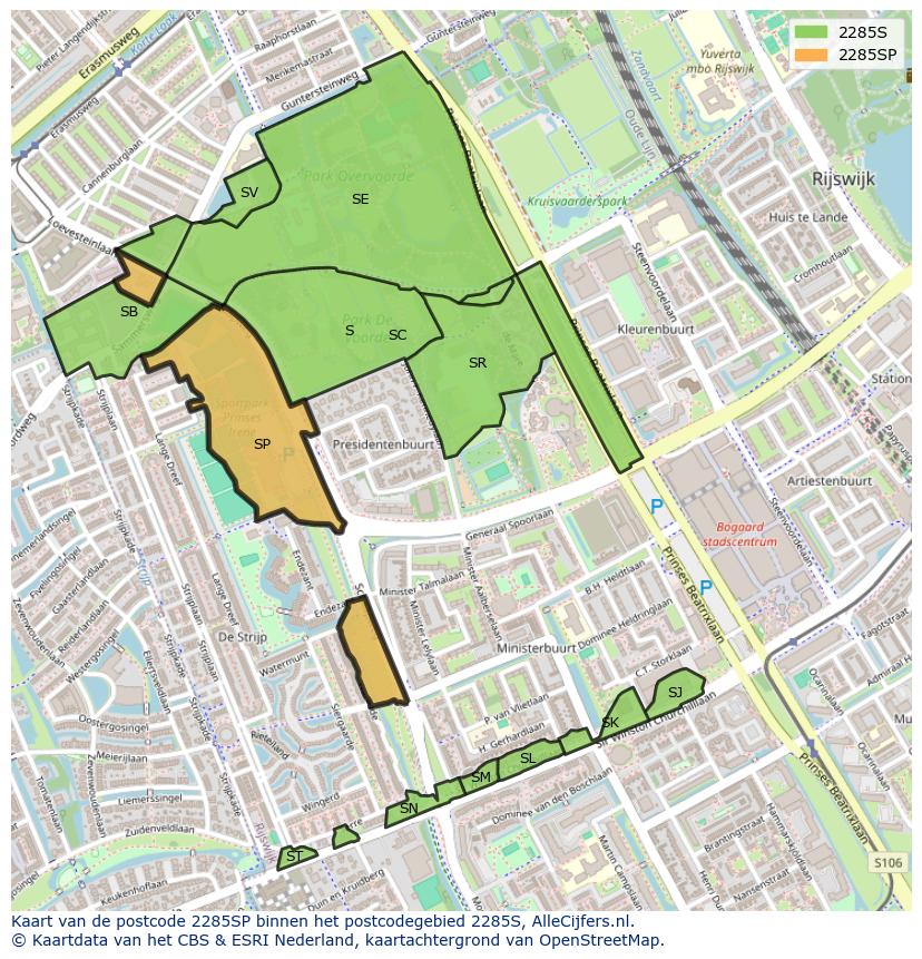 Afbeelding van het postcodegebied 2285 SP op de kaart.