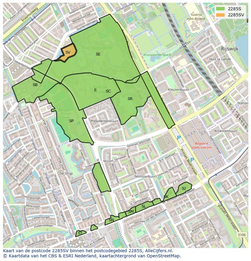 Afbeelding van het postcodegebied 2285 SV op de kaart.