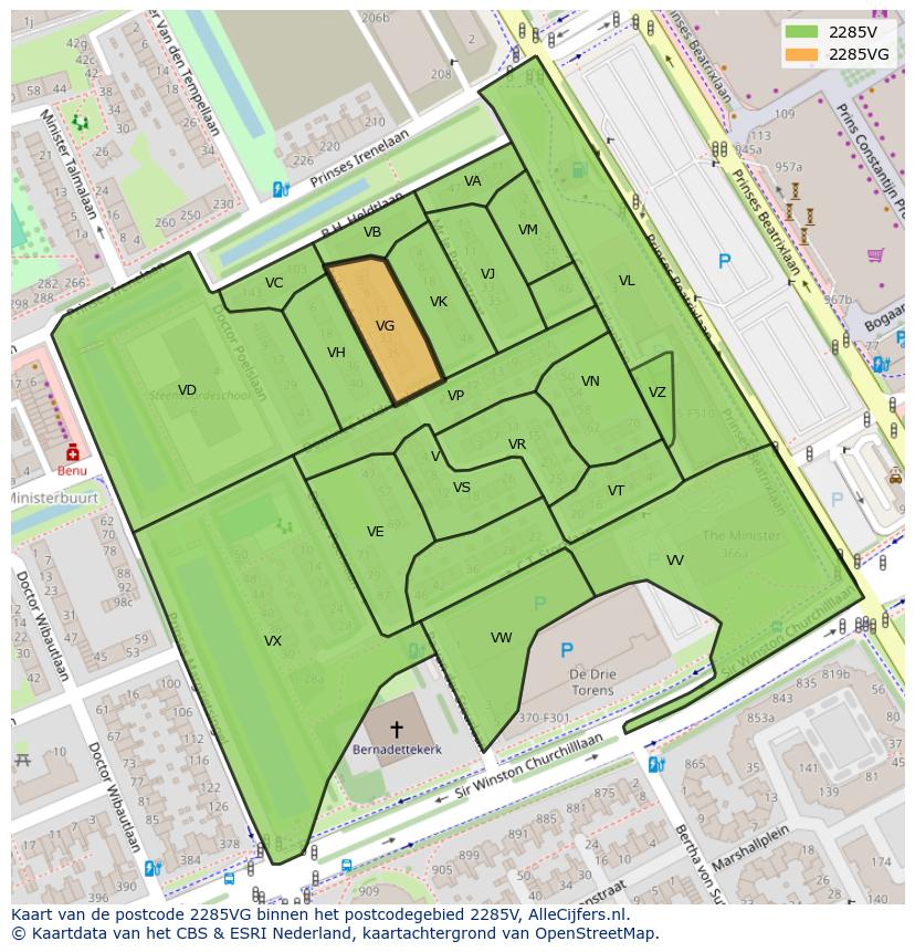 Afbeelding van het postcodegebied 2285 VG op de kaart.