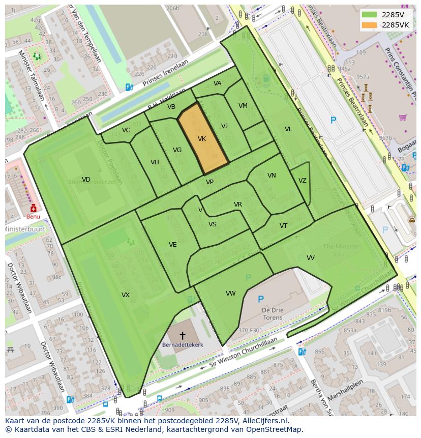 Afbeelding van het postcodegebied 2285 VK op de kaart.