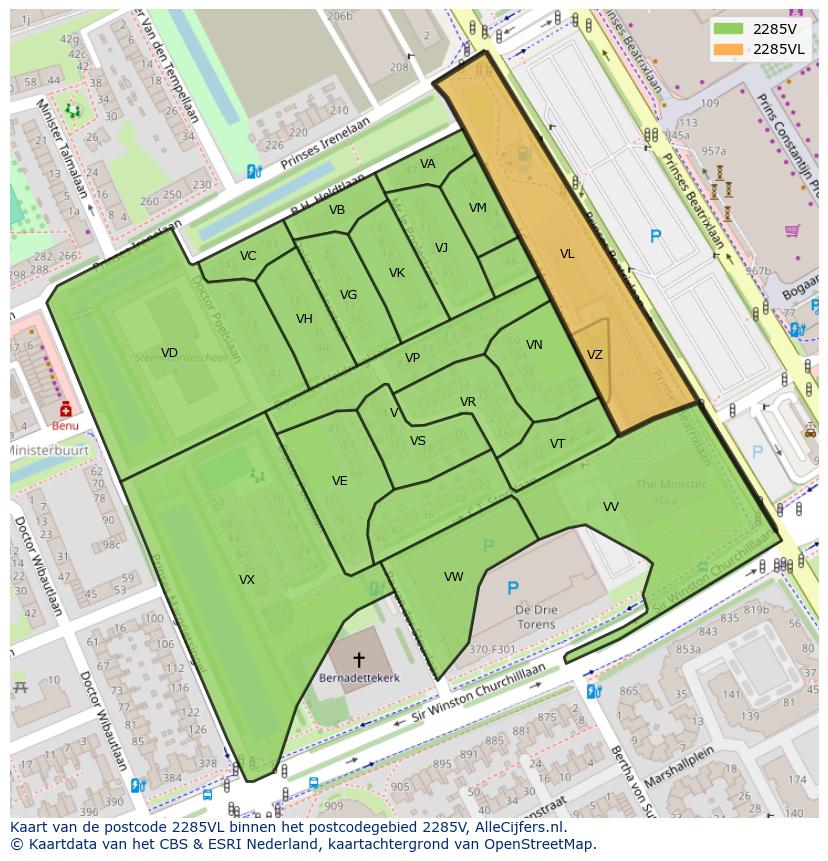 Afbeelding van het postcodegebied 2285 VL op de kaart.