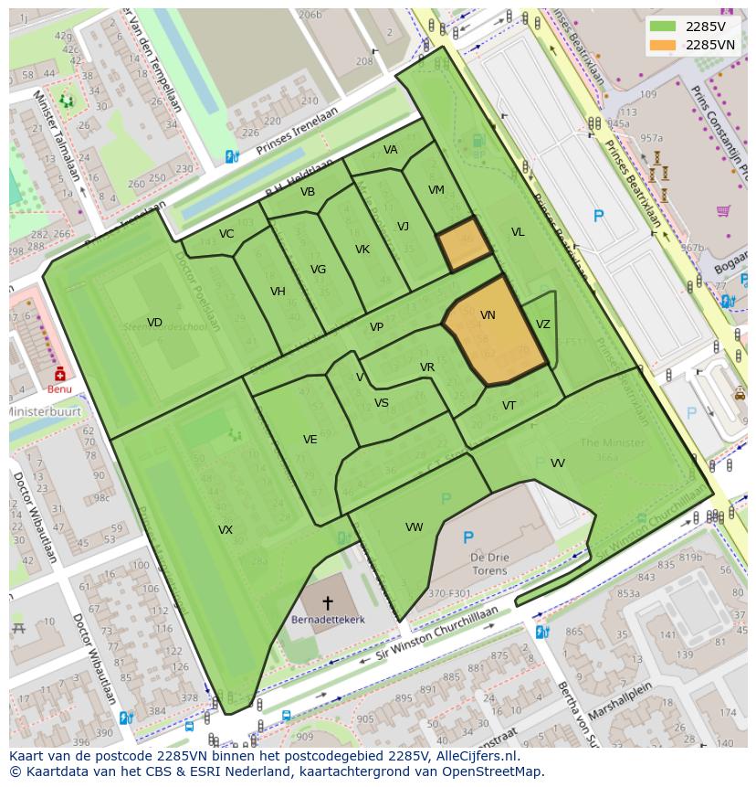 Afbeelding van het postcodegebied 2285 VN op de kaart.