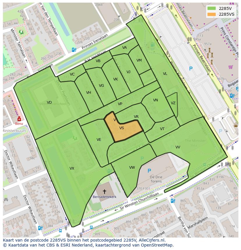 Afbeelding van het postcodegebied 2285 VS op de kaart.