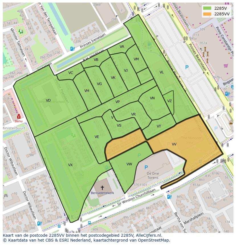 Afbeelding van het postcodegebied 2285 VV op de kaart.
