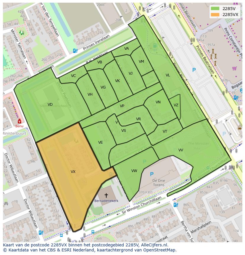 Afbeelding van het postcodegebied 2285 VX op de kaart.