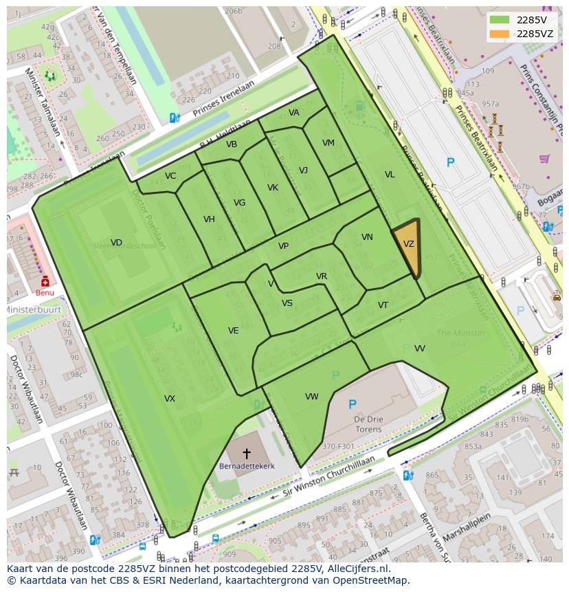 Afbeelding van het postcodegebied 2285 VZ op de kaart.