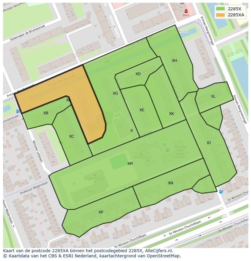 Afbeelding van het postcodegebied 2285 XA op de kaart.