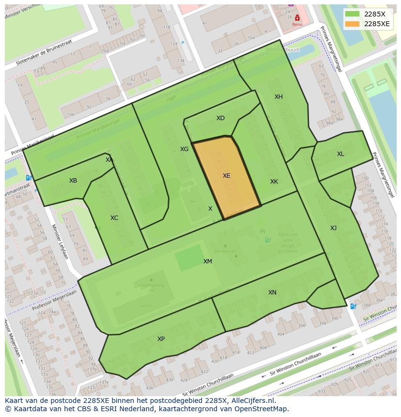 Afbeelding van het postcodegebied 2285 XE op de kaart.