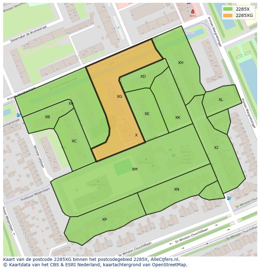 Afbeelding van het postcodegebied 2285 XG op de kaart.