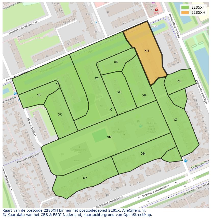 Afbeelding van het postcodegebied 2285 XH op de kaart.