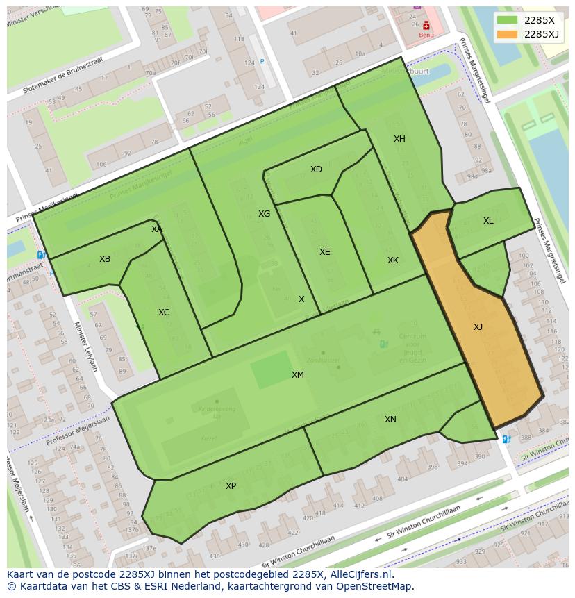 Afbeelding van het postcodegebied 2285 XJ op de kaart.