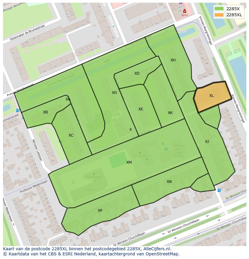 Afbeelding van het postcodegebied 2285 XL op de kaart.
